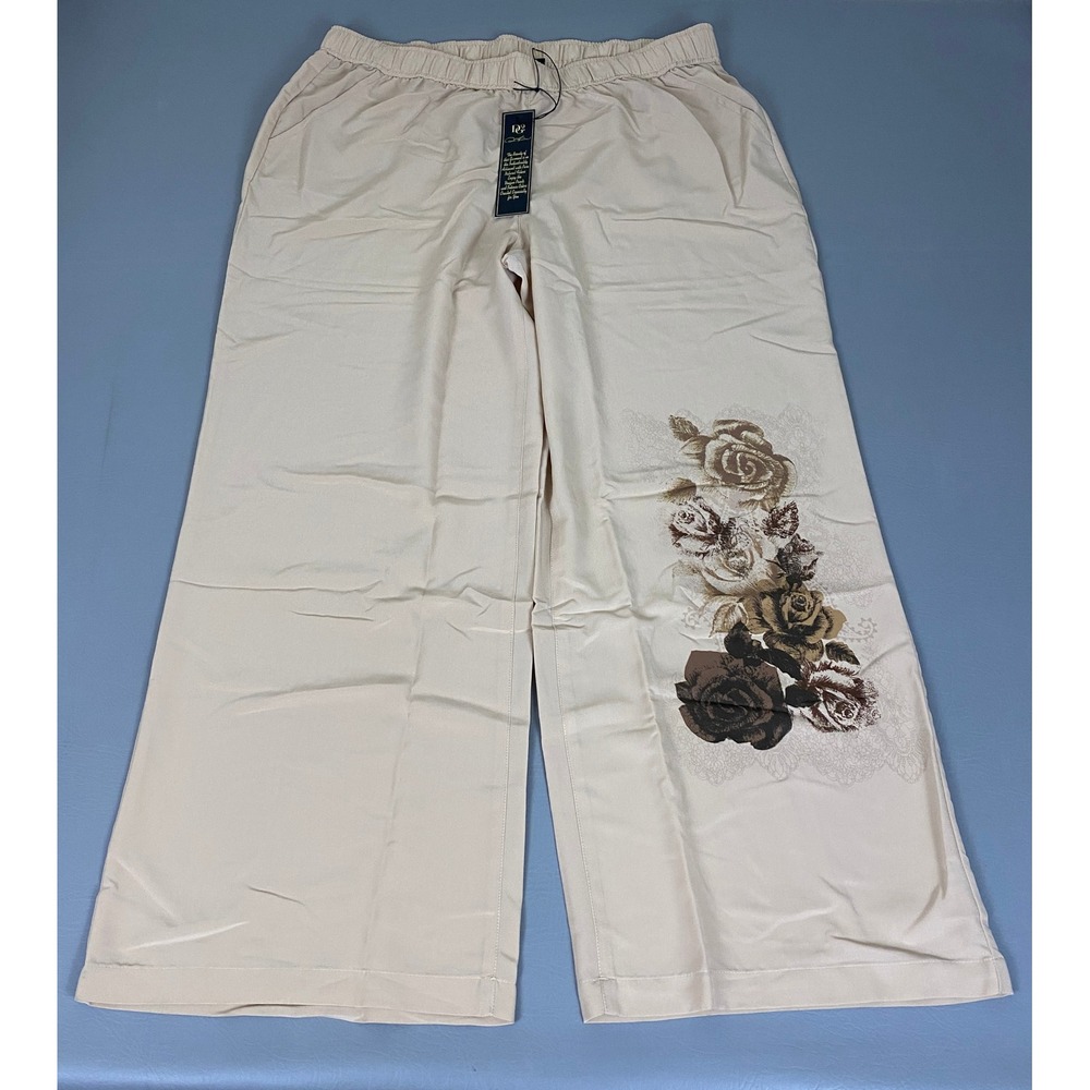 DG2 Diane Gilman Pants Womens XL Beige Wide Leg Floral Graphic Elastic Waist NEW